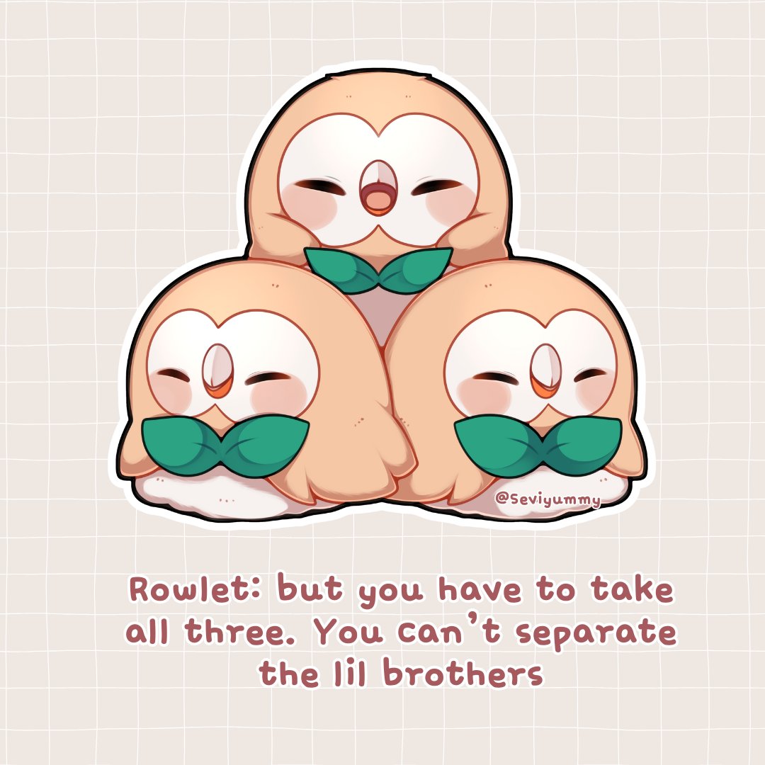 sevi (seviyummy), rowlet, nintendo, pokemon, animal focus, beak, bird, blush, closed eyes, closed mouth, english text, gen 7 pokemon, no humans, open mouth, owl, pokemon (creature), pokemon focus, simple background