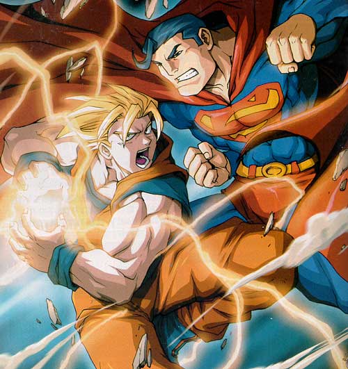 udon entertainment, son goku, superman, dc comics, dragon ball, dragonball z, jpeg artifacts, battle, blonde hair, cape, crossover, east vs west, epic, kamehameha, super saiyan, udon