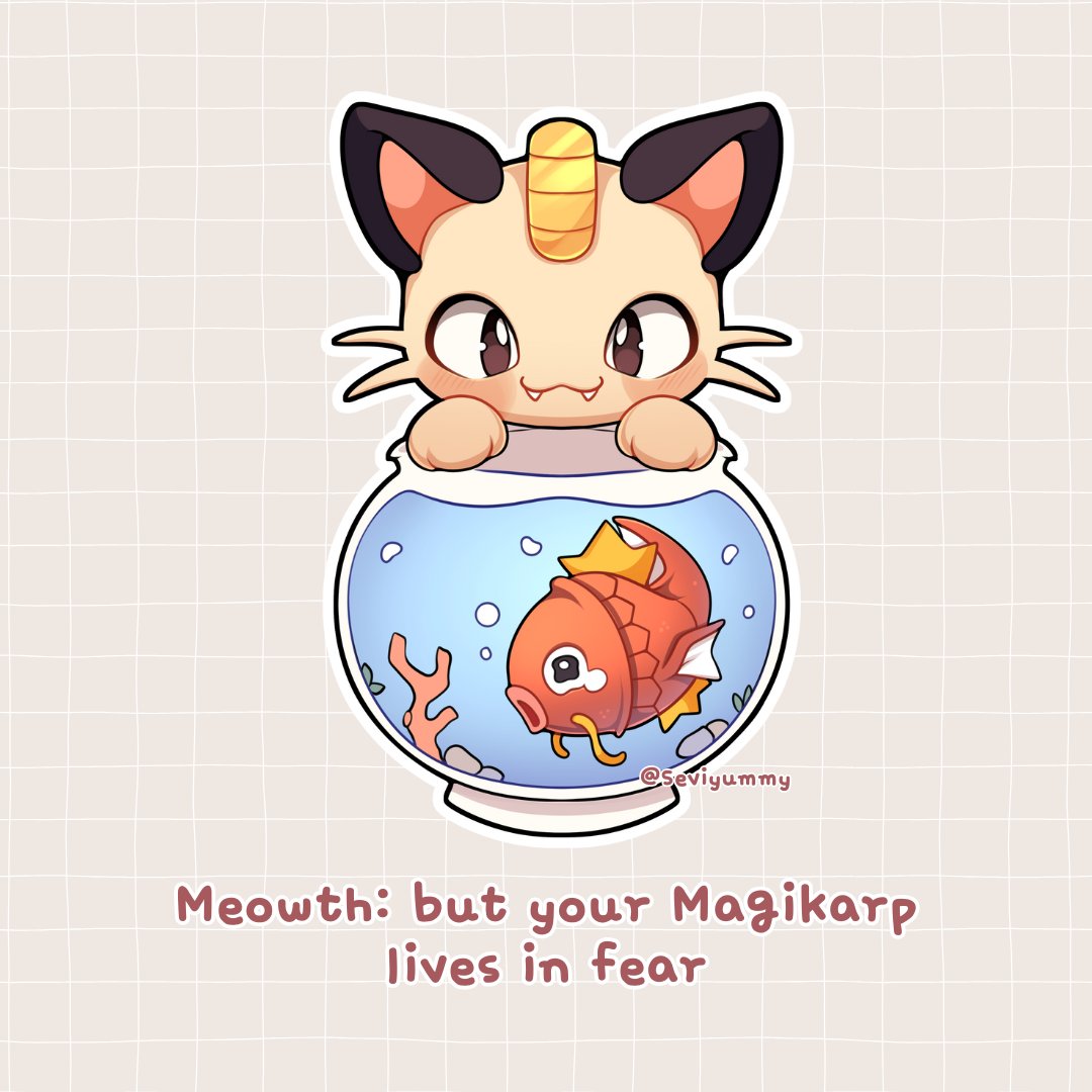 sevi (seviyummy), magikarp, meowth, nintendo, pokemon, animal focus, blush, cat, closed mouth, collar, coral, english text, fangs, fish, fishbowl, gen 1 pokemon, no humans, open mouth, pokemon (creature), pokemon focus, rock, smile, tearing up, water