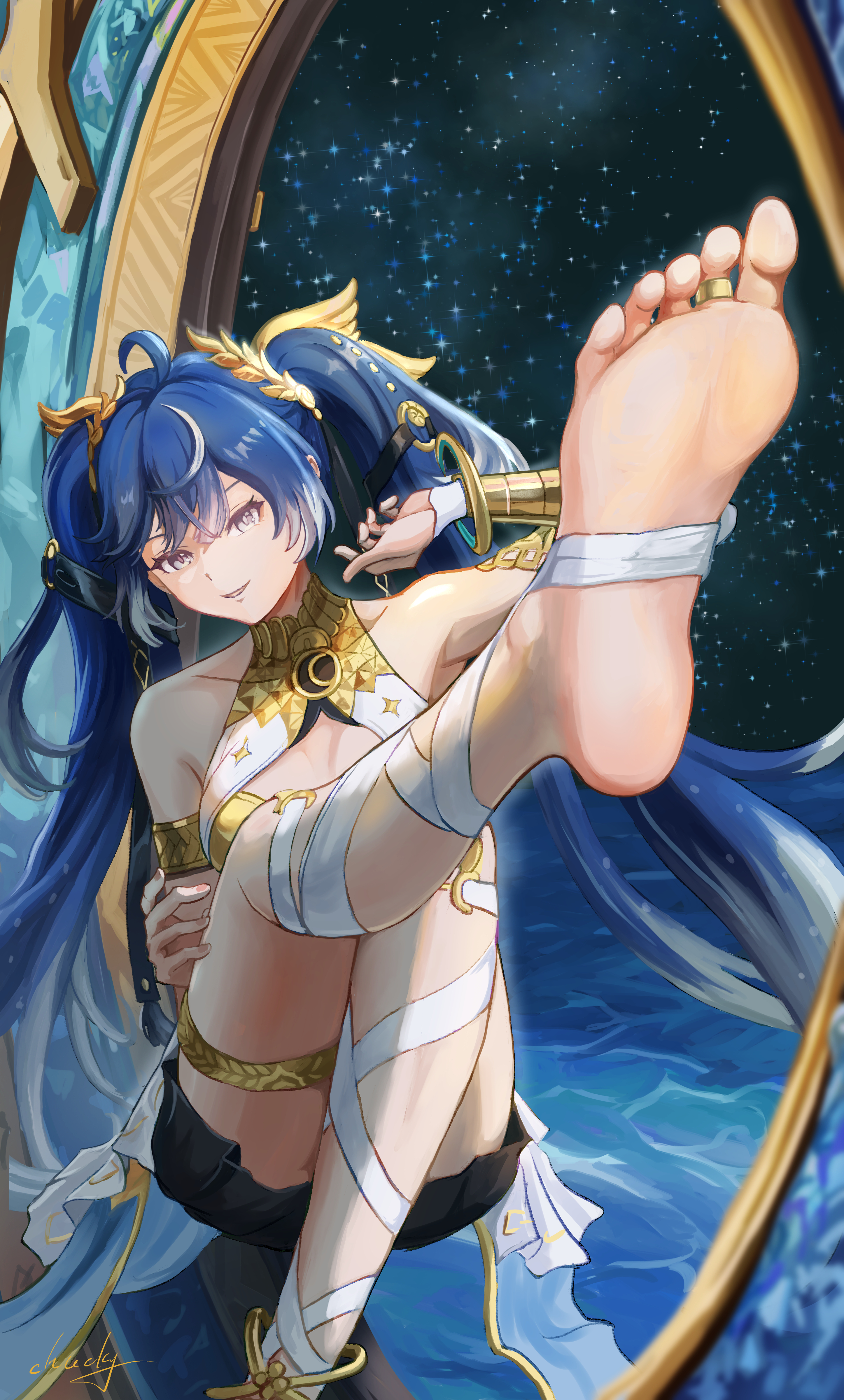 chucky (chucky1000sun), iuno (wuthering waves), wuthering waves, absurdres, commentary request, highres, 1girl, ahoge, arm up, armlet, bare shoulders, barefoot, black skirt, blue hair, breasts, feet, foot out of frame, gold bra, gradient hair, hair belt, jewelry, laurel crown, leg wrap, long hair, looking at viewer, medium breasts, multicolored hair, parted lips, purple eyes, signature, skirt, smile, soles, solo, streaked hair, thighlet, toe ring, toes, twintails, vambraces, very long hair