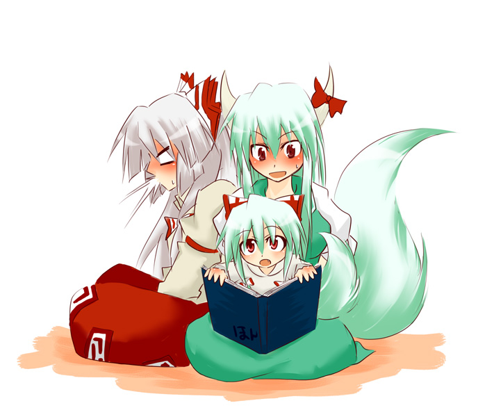 makoto (pixiv), makoto jon, ex-keine, fujiwara no mokou, kamishirasawa keine, touhou, 3girls, :d, :o, bow, child, family, female focus, green hair, hair bow, horn ornament, horn ribbon, horns, if they mated, multiple girls, open mouth, red eyes, ribbon, sitting, sitting on lap, sitting on person, smile, spit take, spitting, tail, white hair, yuri