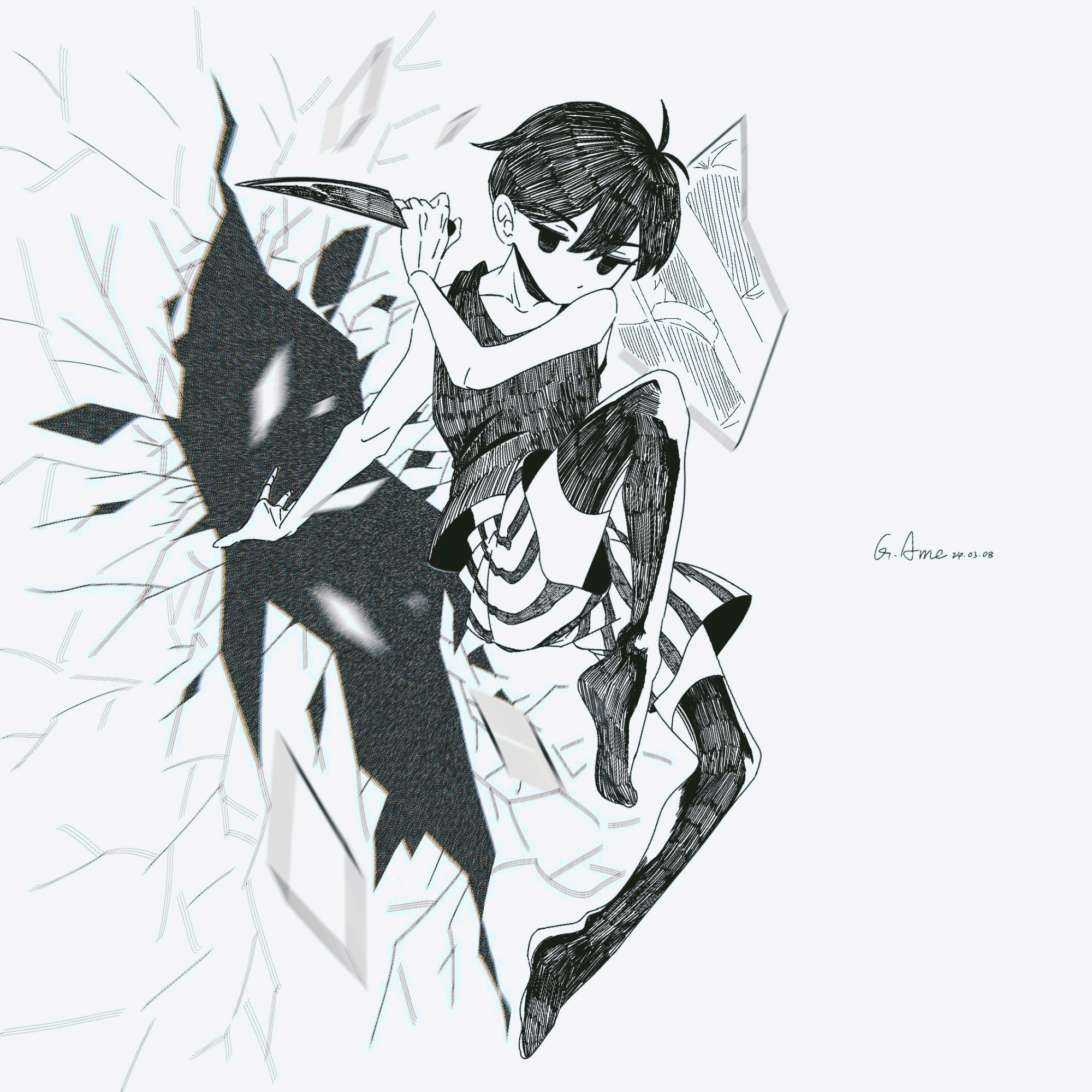 gaks030, omori (omori), omori, chinese commentary, commentary request, highres, 1boy, antenna hair, artist name, bare arms, bare shoulders, chromatic aberration, collarbone, crack, double-parted bangs, empty eyes, film grain, full body, greyscale, hair behind ear, hair between eyes, hatching (texture), holding, holding knife, jumping, knee up, knife, looking at viewer, male focus, monochrome, no mouth, no pupils, outstretched arm, short hair, shorts, simple background, solo, striped clothes, striped shorts, tank top, thighhighs, two-tone shorts, vertical-striped clothes, vertical-striped shorts, very short hair, white background