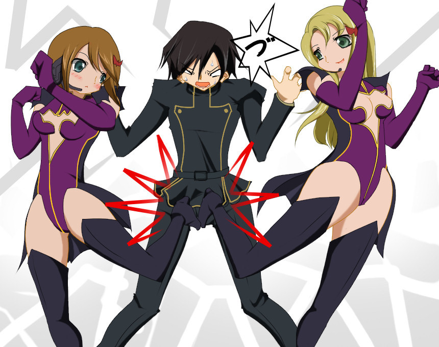 name john, lelouch vi britannia, liliana vergamon, marika soresi, valkyrie (code geass), code geass, 00s, 1boy, 2girls, bad anatomy, ball busting, bdsm, blonde hair, blue eyes, brown hair, cbt, crotch kick, elbow gloves, gloves, green eyes, kicking, multiple girls, no bra, poorly drawn, testicles, valkyrie
