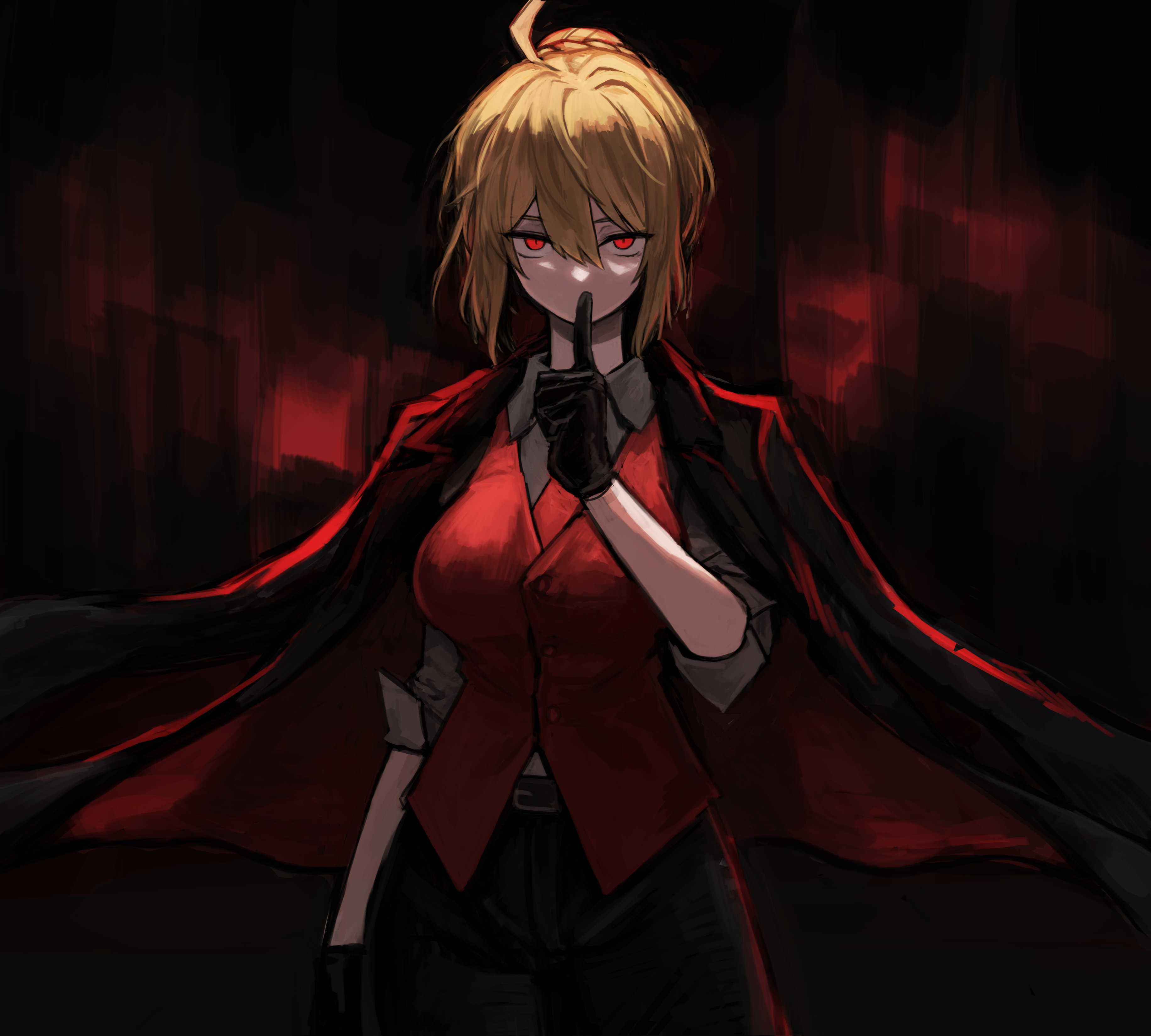 badnick69 (camchi), absurdres, highres, 1girl, angelica rafa redgrave, black background, black gloves, black jacket, black pants, blonde hair, braid, breasts, collared shirt, crown braid, empty eyes, finger to mouth, gloves, grey shirt, jacket, jacket on shoulders, looking at viewer, medium breasts, otome gee sekai wa mob ni kibishii sekai desu, pants, red background, red eyes, red vest, shirt, short hair, sidelocks, sleeves rolled up, solo, two-tone background, upper body, vest