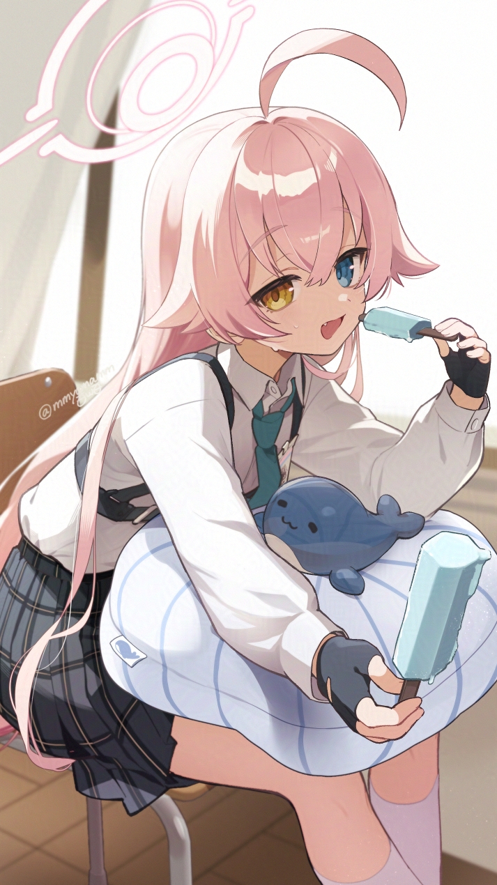 momoyama momo, hoshino (blue archive), blue archive, highres, 1girl, ahoge, blue necktie, chair, fang, food, halo, heterochromia, holding, holding food, holding ice cream, huge ahoge, ice cream, inflatable toy, inflatable whale, long hair, long sleeves, looking at viewer, necktie, pillow, pink hair, pink halo, plaid clothes, plaid skirt, shirt, sitting, skirt, smile, solo, white shirt