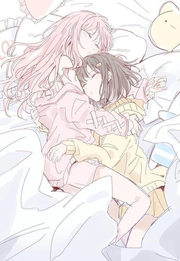kaesmedubu, akiyama mizuki, shinonome ena, project sekai, non-web source, source request, 1other, 2girls, arms around neck, bed, bed sheet, bedroom, blush, brown cardigan, brown hair, cardigan, closed mouth, couple, hair down, holding, hug, indoors, layered sleeves, long sleeves, lying, multiple girls, official alternate hair length, official alternate hairstyle, on back, on bed, on side, other with female, pillow, pink hair, shirt, short hair, short over long sleeves, short sleeves, sleeping, turtleneck capelet