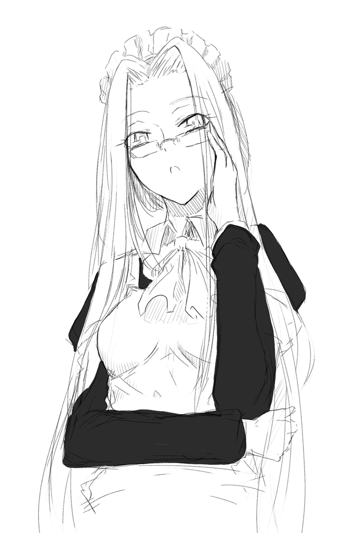 sodeya itsuki, medusa (fate), medusa (rider) (fate), fate/stay night, fate (series), bad id, bad pixiv id, 00s, 1girl, adjusting eyewear, bow, female focus, ghoul, glasses, greyscale, headdress, long hair, maid, monochrome, sketch, solo, square pupils