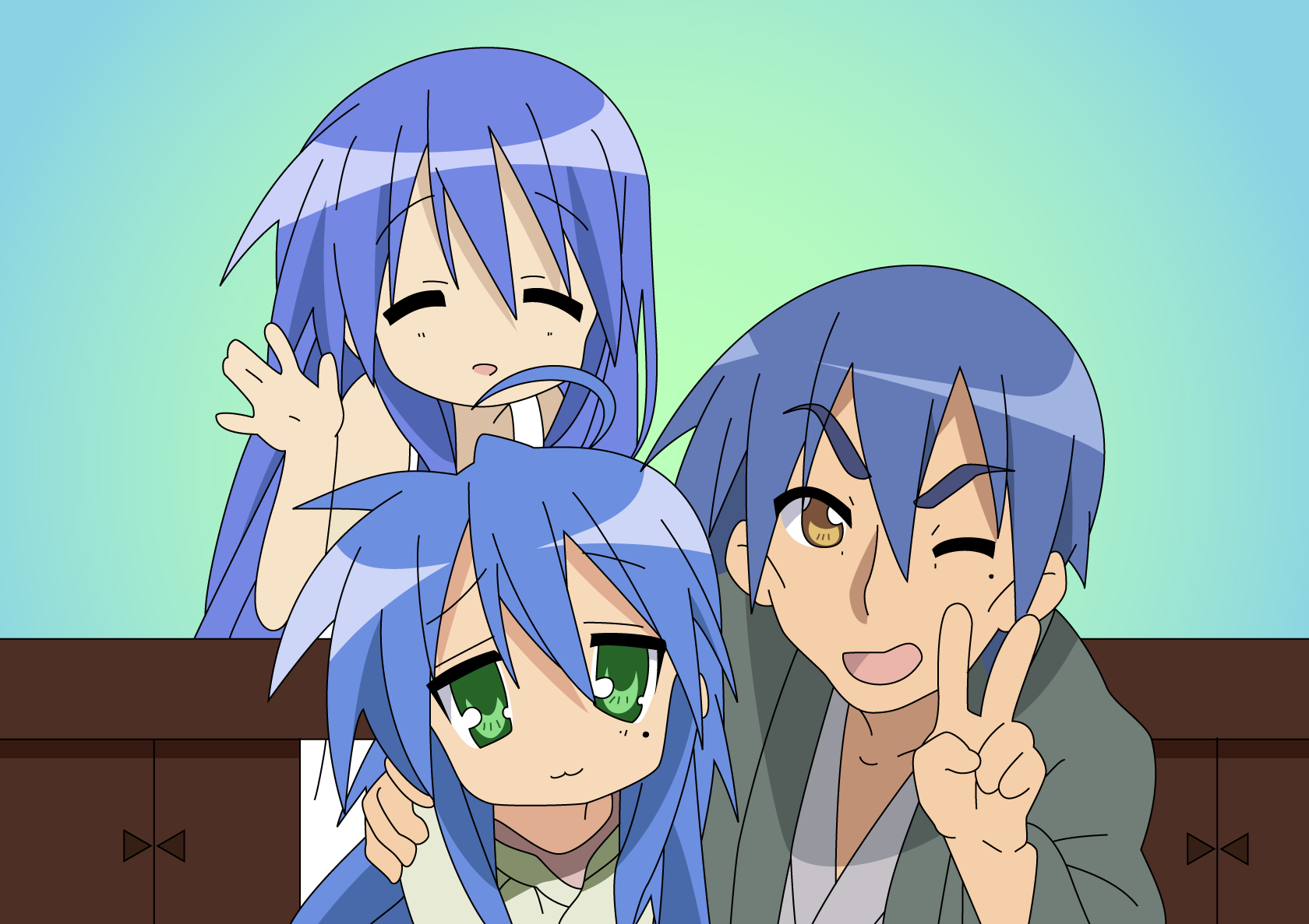 izumi kanata, izumi konata, izumi soujirou, lucky star, derivative work, highres, non-web source, vector trace, 00s, 1boy, 2girls, age difference, ahoge, blue hair, closed eyes, family, father and daughter, ghost, green eyes, long hair, mole, mole under eye, mother and daughter, multiple girls, v, waving