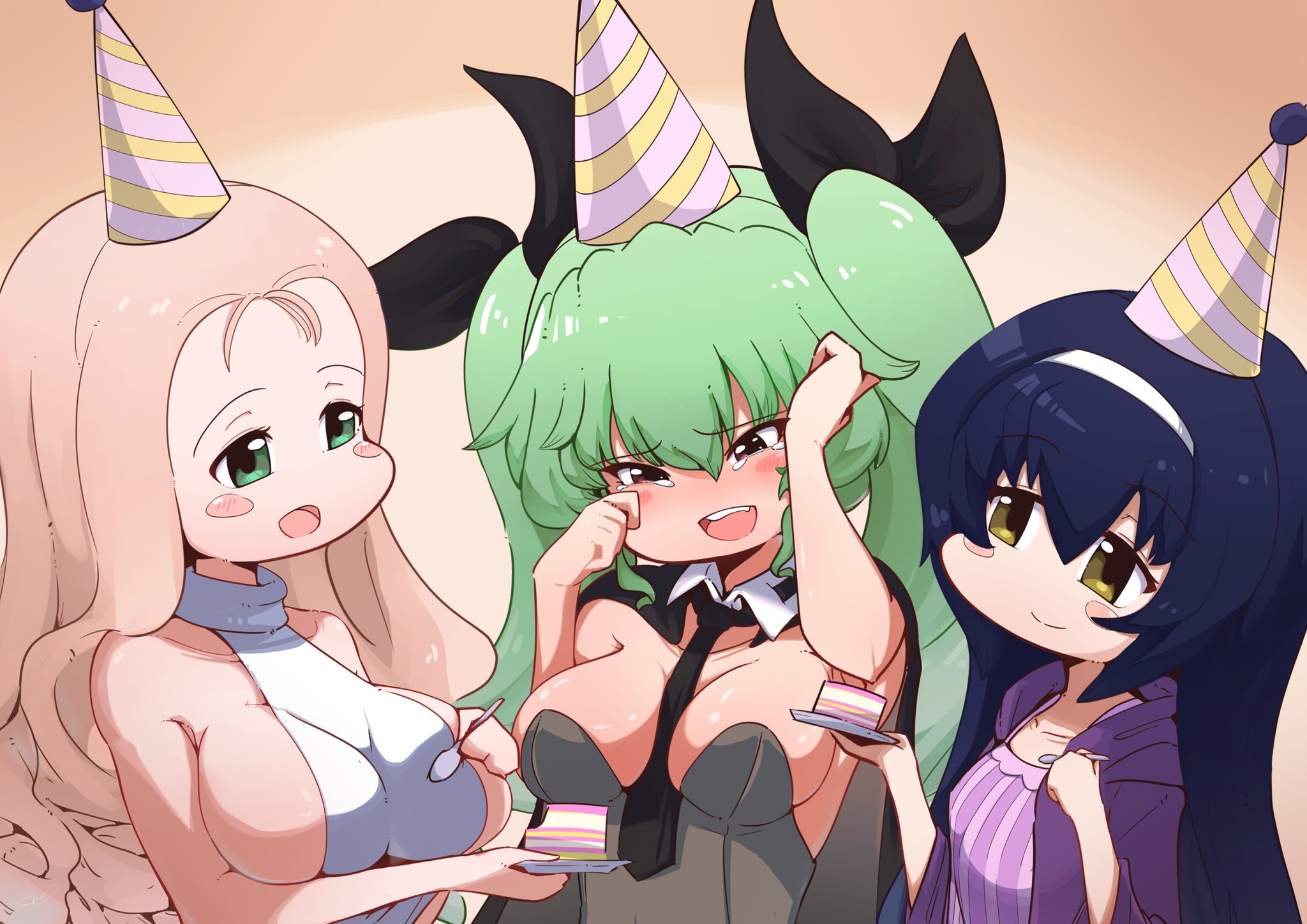 trollzamahd, anchovy (girls und panzer), marie (girls und panzer), reizei mako, girls und panzer, highres, 3girls, birthday cake, black cape, blonde hair, breasts, cake, cape, crying, crying with eyes open, food, green eyes, grey hair, grey leotard, hairband, happy tears, hat, large breasts, leotard, medium breasts, multiple girls, necktie, party hat, smile, tears, white hairband, yellow eyes