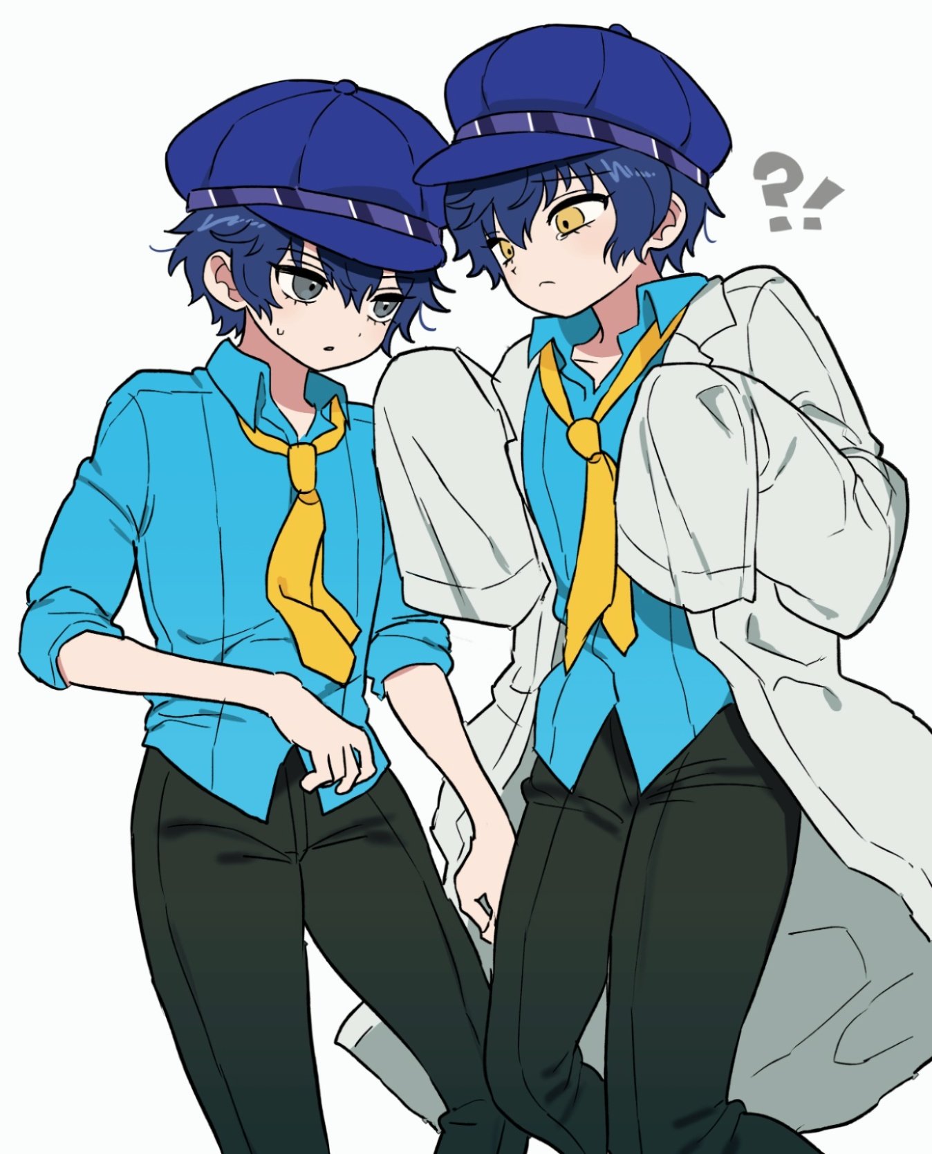 shadow naoto, shirogane naoto, persona, persona 4, commentary, highres, symbol-only commentary, !?, 2girls, black pants, blue eyes, blue hair, blue shirt, closed mouth, coat, collared shirt, dual persona, hair between eyes, hat, lab coat, multiple girls, necktie, pants, parted lips, qnfrjswjsrmfla, reverse trap, shirt, short hair, simple background, sleeves past fingers, sleeves past wrists, sleeves rolled up, sweat, white coat, yellow eyes, yellow necktie