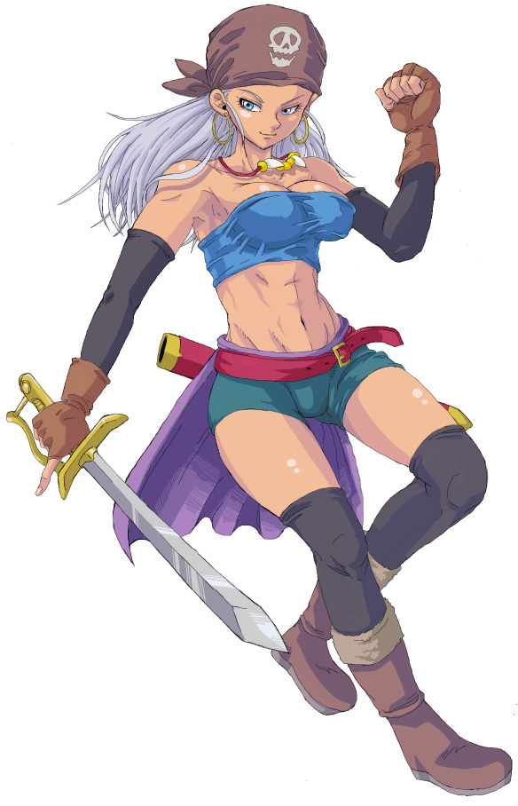 teruki, zola (blue dragon), blue dragon, silver hair, 00s, 1girl, armpits, bandana, bandeau, bare shoulders, belt, breasts, dark-skinned female, dark skin, elbow gloves, female focus, fingerless gloves, gloves, large breasts, long hair, midriff, pirate, shorts, solo, strapless, sword, thighhighs, tube top, weapon