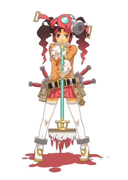 kage houshi, :<, belt, blood, gas mask, gloves, mask, mop, orange eyes, skirt, solo, sword, thighhighs, twintails, weapon