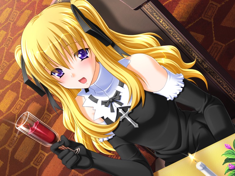 kyogoku shin, yamino kenji, kagurazaka satsuki, kagurazaka satsuki (akai canvas), akai canvas series nadeshiko ~aka no rasen~, game cg, non-web source, 1girl, alcohol, blonde hair, candle, chair, chalice, cross, cup, dress, dutch angle, elbow gloves, female focus, flat chest, gloves, hair ribbon, long hair, purple eyes, ribbon, sitting, solo, table, twintails, wine