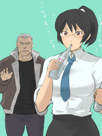 sabata yuki, tori (driftwood), batou (gits), holon, ghost in the shell, real drive, oil, bad id, bad pixiv id, lowres, 1boy, 1girl, android, black hair, bottle, creator connection, crossover, cyborg, drinking, glasses, necktie, ponytail, short hair, sleeves rolled up