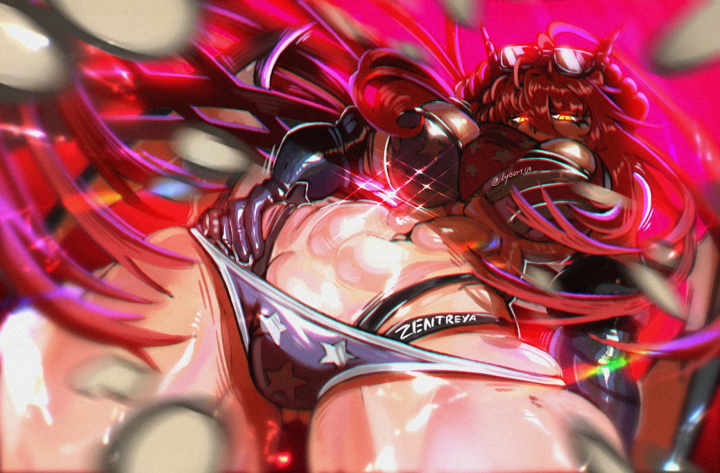 lyoart09, zentreya, zentreya (cowboy bikini), zentreya (dragon), indie virtual youtuber, commentary, english commentary, variant set, 1girl, 2025, abs, american flag, american flag bikini, american flag print, arm at side, artist name, bandana, bandana around neck, between breasts, bikini, black bikini, black gloves, blue bikini, blurry, breasts, cleavage, cowboy shot, depth of field, dragon horns, elbow gloves, eyewear on head, female focus, flag print, flag print bikini, floating hair, gloves, glowing, glowing eyes, hand on own hip, horns, long hair, looking at viewer, navel, orange eyes, print bikini, rainbow, red hair, simple background, slit eyes, solo, spot color, star (symbol), star print, string bikini, sunglasses on head, swimsuit, thick thighs, thighs, toned, toned female, very long hair, virtual youtuber