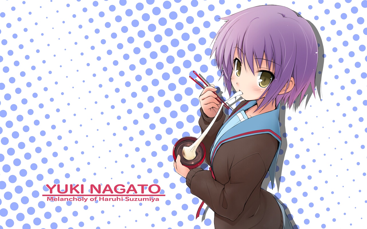 haga yui, nagato yuki, suzumiya haruhi no yuuutsu, non-web source, 00s, 1girl, bowl, cardigan, chopsticks, female focus, purple hair, school uniform, serafuku, short hair, solo, standing, white background, yellow eyes