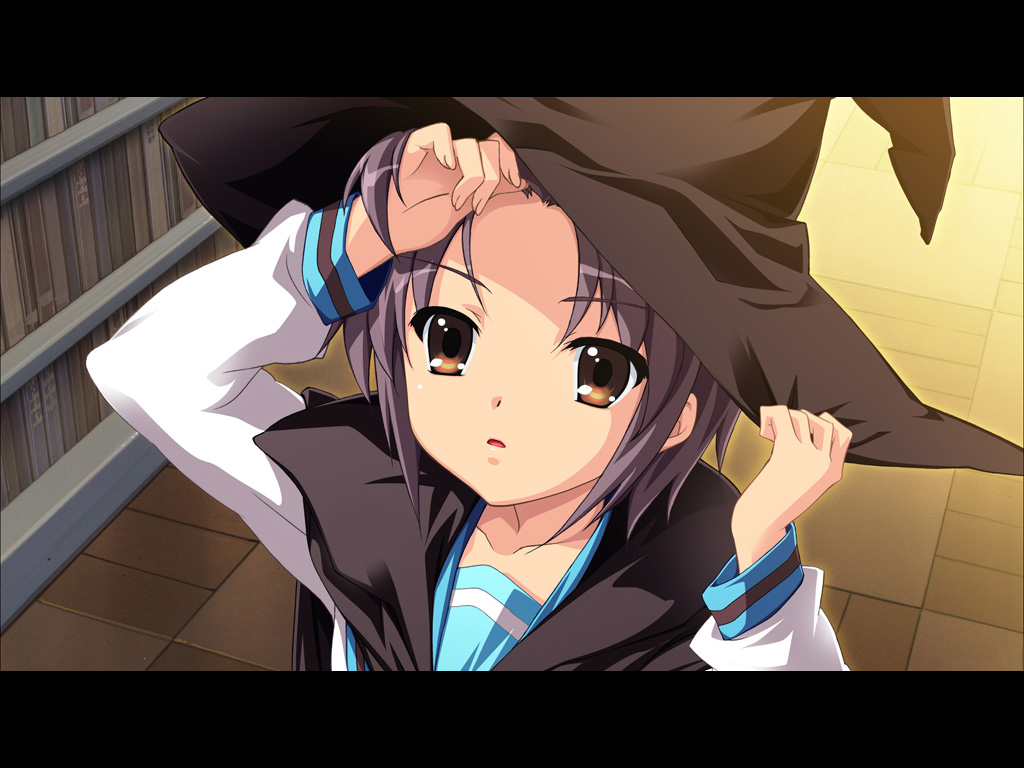nagato yuki, suzumiya haruhi no yuuutsu, silver hair, non-web source, 00s, 1girl, brown eyes, cape, female focus, indoors, letterboxed, school uniform, serafuku, short hair, solo, witch