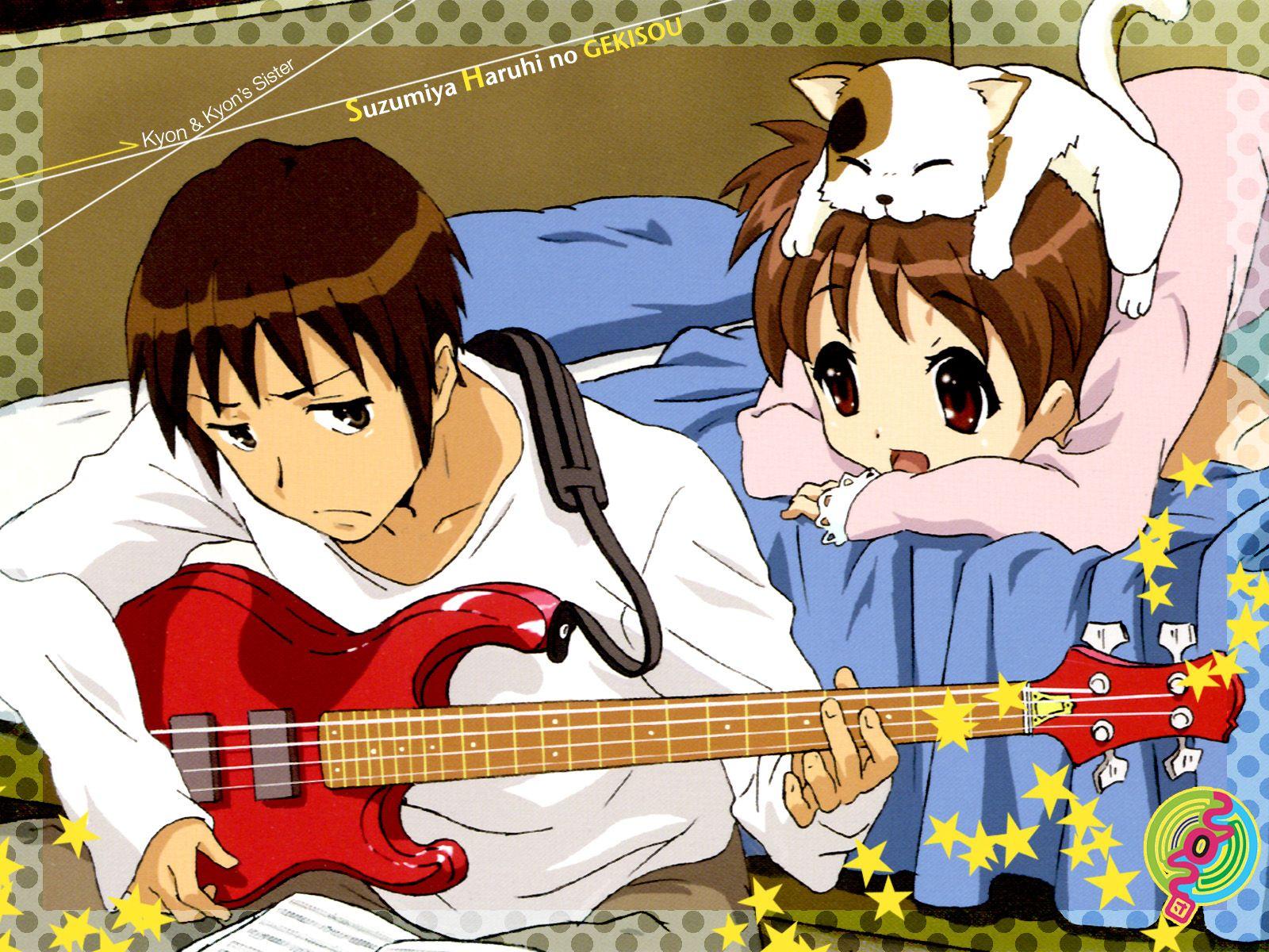 kyon, kyon no imouto, shamisen (suzumiya haruhi), suzumiya haruhi no yuuutsu, highres, non-web source, 00s, 1boy, 1girl, animal, animal on head, bass guitar, bed, brother and sister, brown eyes, brown hair, calico (pattern), calico cat, cat, cat on head, guitar, indoors, instrument, on head, pajamas, short hair, siblings