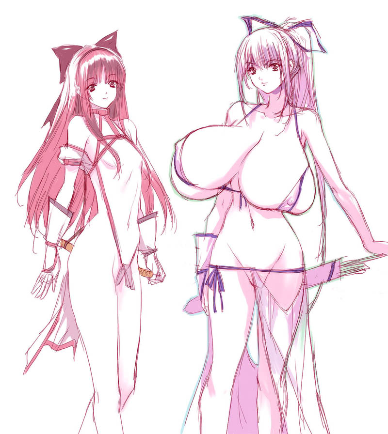 q azieru, majikina mina, nakoruru, samurai spirits, snk, 2girls, bikini, breastless clothes, breasts, gloves, huge breasts, long hair, looking at viewer, multiple girls, no panties, revealing clothes, simple background, small breasts, swimsuit, white background