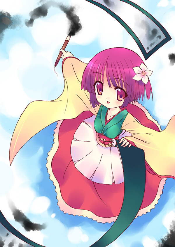 panbai, hieda no akyuu, perfect memento in strict sense, touhou, 1girl, cloud, female focus, flower, full body, japanese clothes, kimono, outdoors, short hair, sky, solo