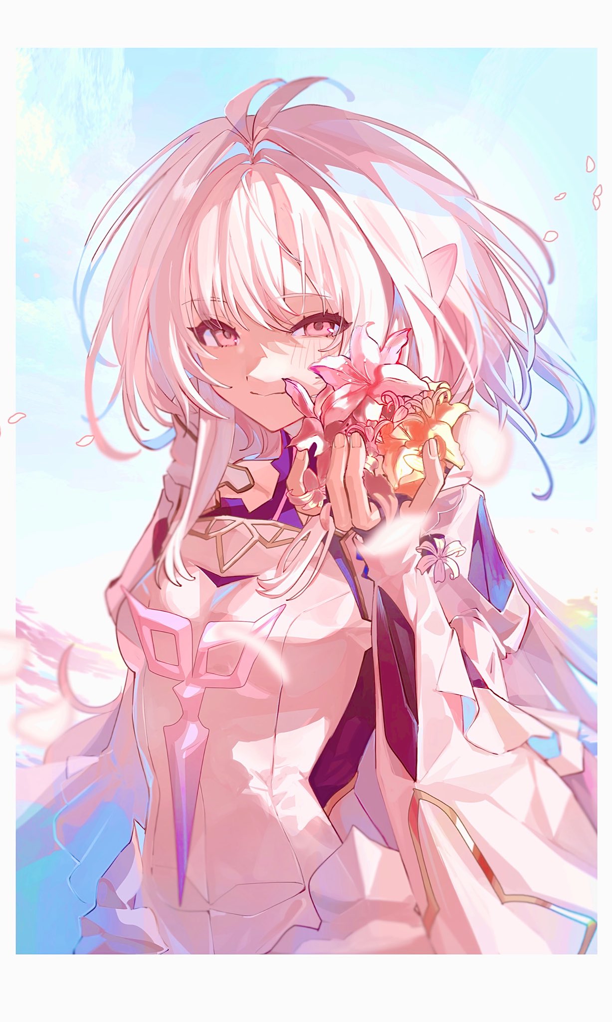 tokoni fusu, merlin (fate/prototype), fate/grand order, fate (series), highres, 1girl, ahoge, breasts, dress, flower, long hair, looking at viewer, medium breasts, pink eyes, solo, white dress, white hair