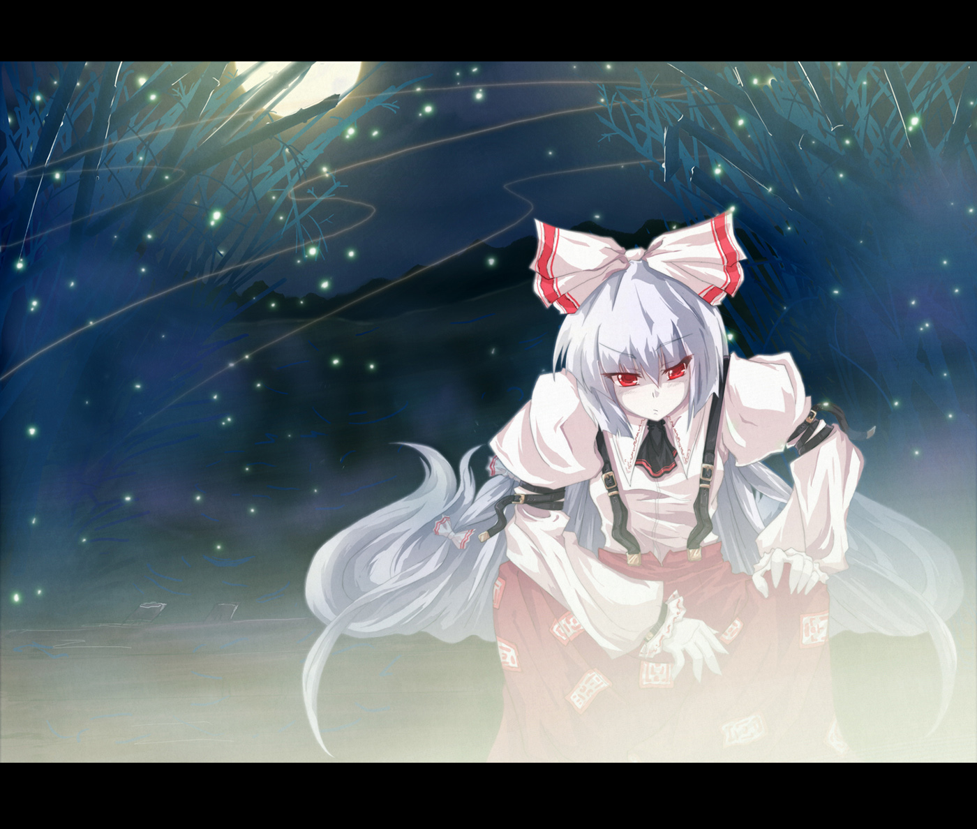 auer, fujiwara no mokou, touhou, silver hair, bad id, bad pixiv id, 1girl, female focus, letterboxed, long hair, moon, night, night sky, outdoors, ribbon, sitting, sky, solo