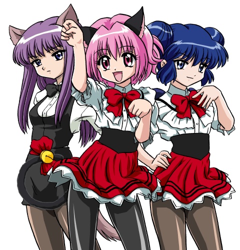 bandabekken, aizawa mint, fujiwara zakuro, mew ichigo, mew mint, mew zakuro, momomiya ichigo, tokyo mew mew, stance, lowres, non-web source, 3girls, alternate costume, animal ears, bell, blue eyes, blue hair, bow, bronze parrot, cat ears, cat tail, cosplay, double bun, female focus, hair bun, jingle bell, long hair, multiple girls, pantyhose, paw pose, pink eyes, pink hair, purple eyes, purple hair, red bow, short hair, simple background, tail, tail bell, tail ornament, waitress, white background, wolf ears, wolf tail
