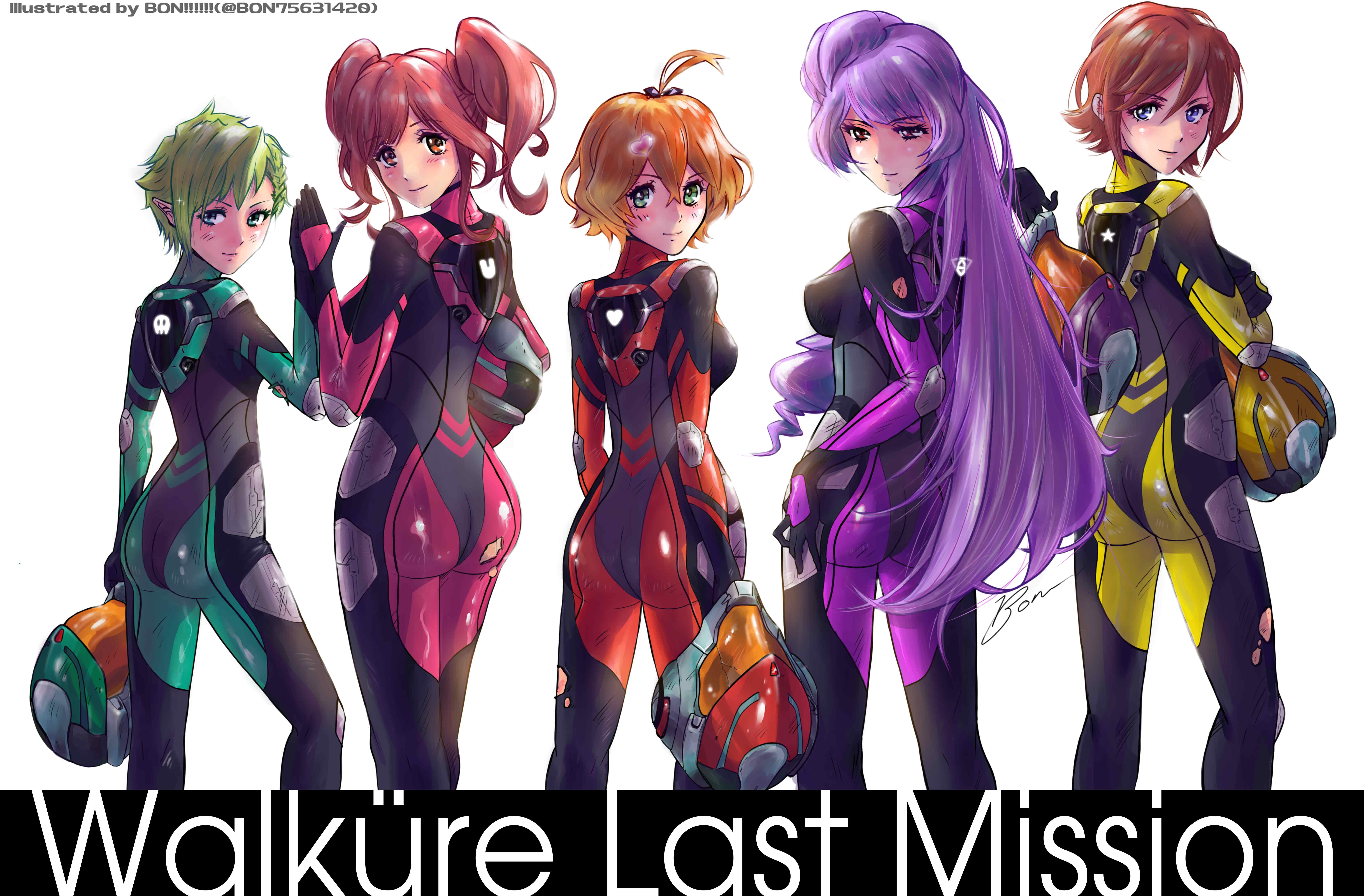bon!!!!!!, freyja wion, kaname buccaneer, makina nakajima, mikumo guynemer, reina prowler, walkure (macross delta), macross, macross delta, macross delta: zettai live!!!!!!, absurdres, highres, 5girls, ass, blue eyes, bodysuit, breasts, cleavage, closed mouth, green eyes, green hair, hair between eyes, hair ornament, heart, heart hair ornament, helmet, holding, holding unworn helmet, idol, idol group, large breasts, long hair, looking at viewer, mecha pilot suit, medium breasts, multicolored bodysuit, multicolored hair, multiple girls, orange hair, pilot, pilot helmet, pink hair, pointy ears, purple eyes, purple hair, red eyes, red hair, science fiction, short hair, smile, streaked hair, twintails, two-tone hair, unworn headwear, unworn helmet, very long hair