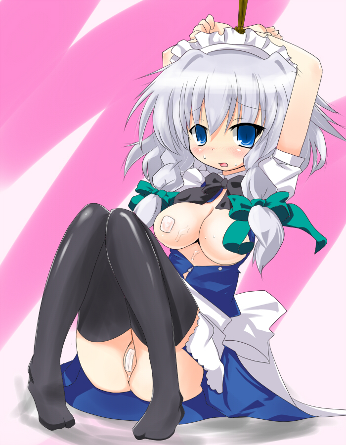 rai (pixiv), rai (sakuranbo sugar), izayoi sakuya, touhou, silver hair, bad id, bad pixiv id, 1girl, bdsm, blush, bondage, bound, braid, breasts, feet, female focus, maebari, maid, rope, short hair, socks, solo, thighhighs, twin braids