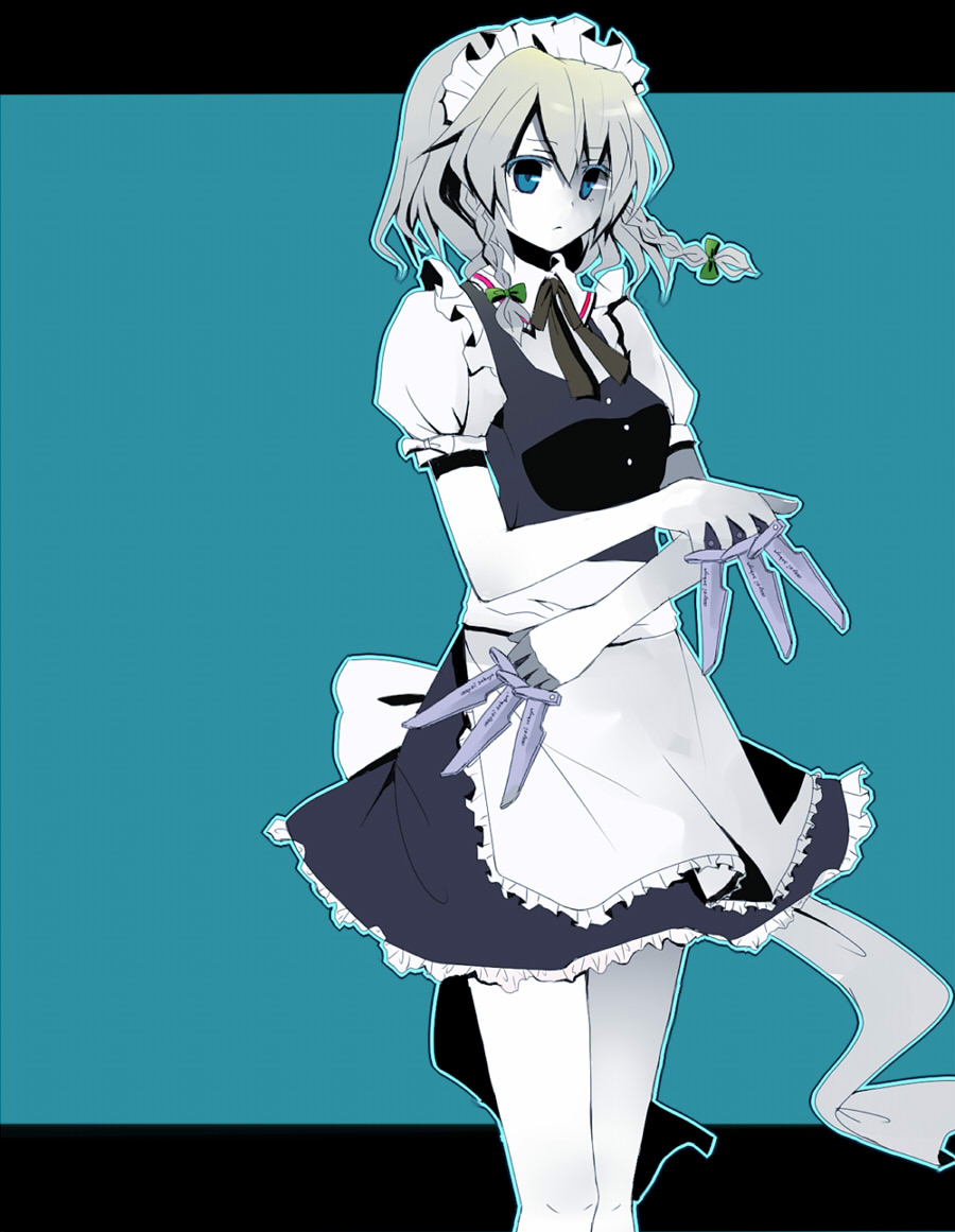 amamizu (pixiv), usui (tripcube), izayoi sakuya, touhou, bad id, bad pixiv id, 1girl, between fingers, female focus, holding, knife, maid, ribbon, short hair, solo, throwing knife, weapon
