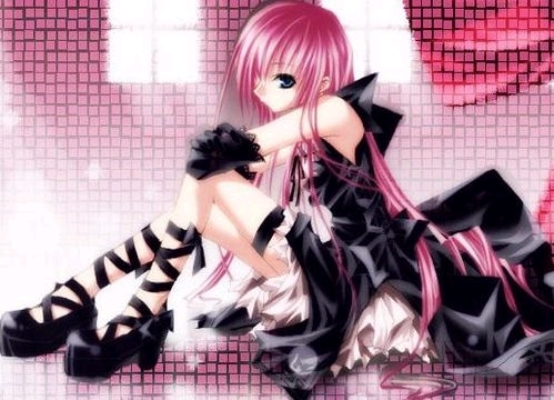 mame ringo, original, jpeg artifacts, lowres, 1girl, black shoes, blue eyes, elbow gloves, female focus, frilled thigh strap, gloves, goth fashion, gothic lolita, lolita fashion, long hair, pink hair, shoes, solo, thigh strap, very long hair