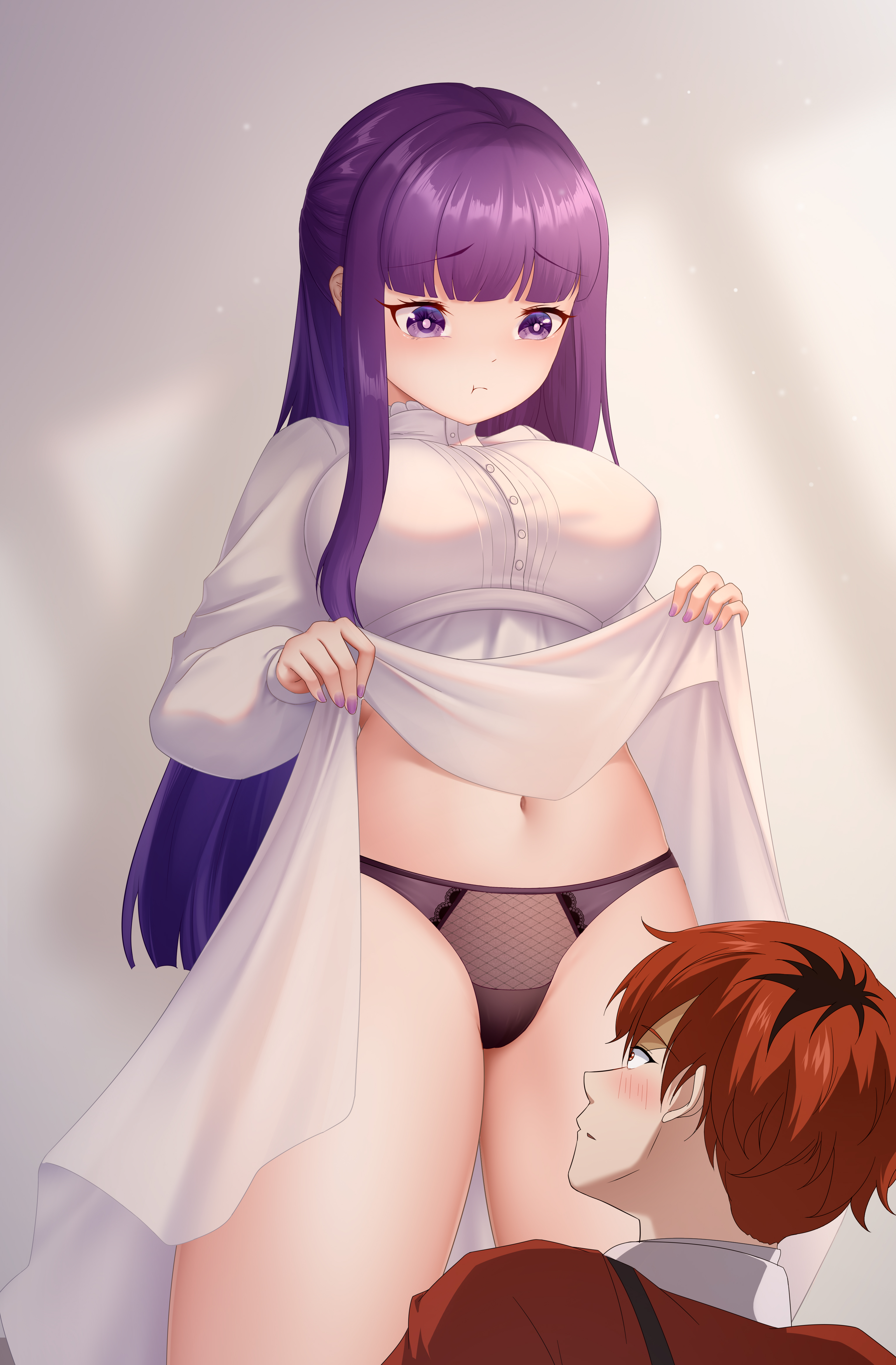 fern (sousou no frieren), stark (sousou no frieren), sousou no frieren, absurdres, highres, 1boy, 1girl, black panties, blush, breasts, closed mouth, clothes lift, dress, hair between eyes, large breasts, lifting own clothes, long hair, navel, panties, purple eyes, purple hair, red hair, red shirt, shirt, short hair, stomach, underwear, user ywsy5742, white dress