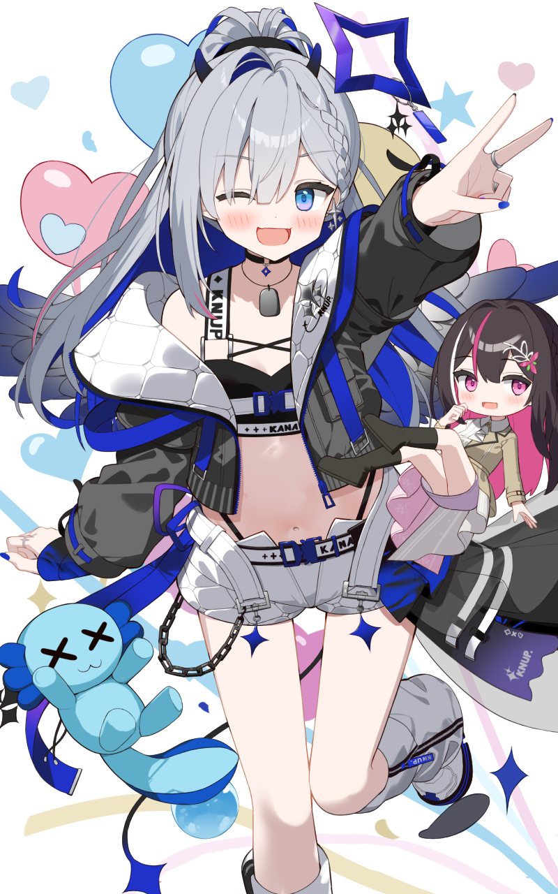 yoru no yayoi, amane kanata, amane kanata (lock on), azki (4th costume) (hololive), azki (hololive), upao (amane kanata), hololive, commentary request, highres, 1girl, angel wings, balloon, black jacket, black sports bra, blue eyes, blue hair, blue nails, blue wings, blush, brown hair, brown jacket, chibi, colored inner hair, cropped jacket, dog tags, gradient wings, grey hair, grey wings, halo, heart balloon, jacket, leg warmers, long hair, multicolored hair, multicolored wings, nail polish, one eye closed, open mouth, pink eyes, pink hair, ponytail, quilted jacket, shorts, simple background, single hair intake, skirt, smile, sports bra, standing, standing on one leg, star halo, stomach, two-sided fabric, two-sided jacket, virtual youtuber, white background, white jacket, white leg warmers, white shorts, white skirt, wings, x x