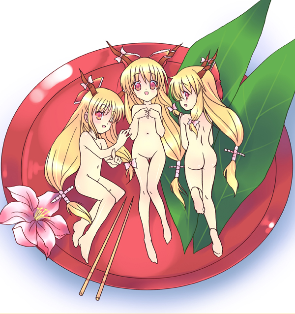 panbai, ibuki suika, touhou, 3girls, ass, clone, completely nude, female focus, flower, horns, loli, long hair, mini person, minigirl, multiple girls, nude, on plate