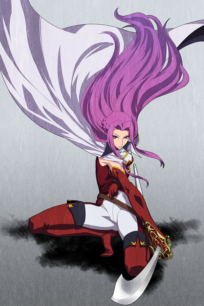 yuuma (yuusaikaden), cornelia li britannia, code geass, bad id, bad pixiv id, 00s, blue eyes, boots, cape, elbow gloves, gloves, long hair, purple hair, solo, sword, thigh boots, thighhighs, very long hair, weapon