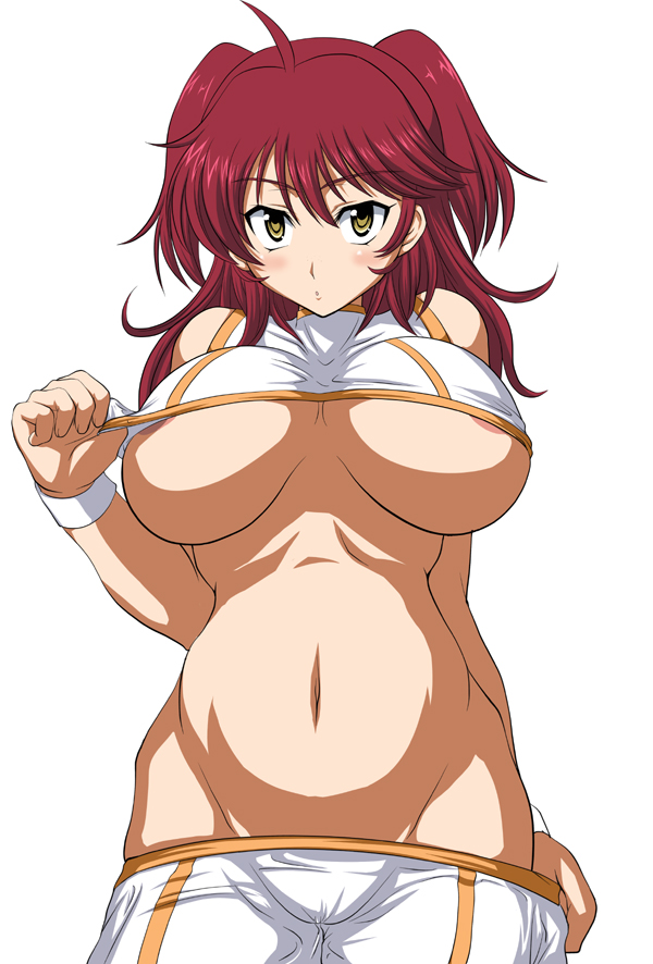 akino hamo, nena trinity, gundam, gundam 00, bad id, 00s, 1girl, breasts, female focus, freckles, huge breasts, red hair, solo, underboob, yellow eyes