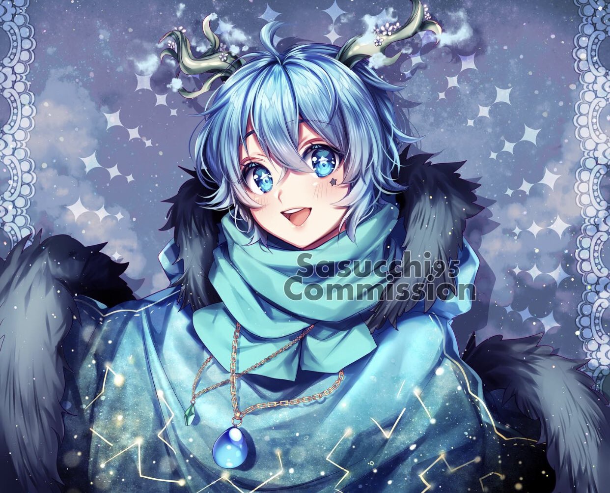 sasucchi95, original, commentary, commission, english commentary, 1boy, :d, antenna hair, antlers, aqua capelet, aqua scarf, artist name, blue background, blue hair, blue theme, blush, bright pupils, capelet, chain, chain necklace, crossed bangs, double-parted bangs, facial mark, flower, fur-trimmed capelet, fur trim, gold necklace, hair between eyes, horns, jewelry, light particles, looking at viewer, male focus, necklace, open mouth, outside border, pillarboxed, round teeth, scarf, short hair, simple background, smile, solo, sparkle, star-shaped pupils, star (symbol), star facial mark, symbol-shaped pupils, teeth, tongue, upper body, upper teeth only, watermark, white flower, white pupils