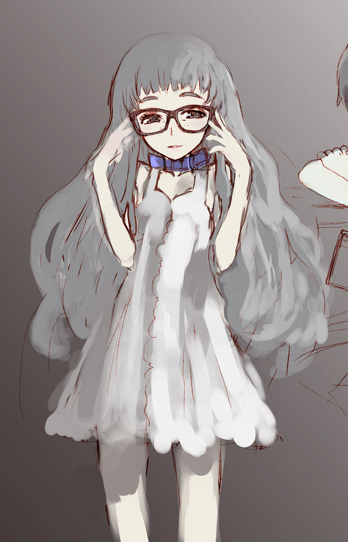 honjou raita, 1girl, collar, dress, female focus, glasses, gradient background, grey background, long hair, solo, white hair