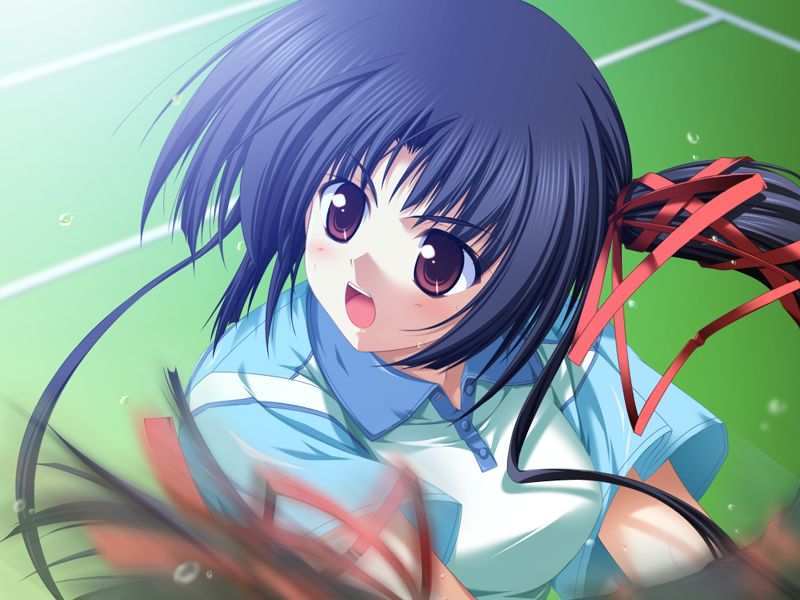 tsukimori hiro, nanjou ibuki, akiiro renka, game cg, non-web source, black hair, bow, brown eyes, long hair, open mouth, red bow, ribbon, serious, side ponytail, sportswear, sweat, tennis, tennis court, tennis uniform