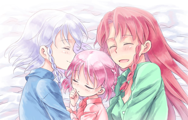 rom sen, saya0426 (pixiv), hong meiling, izayoi sakuya, touhou, bad id, bad pixiv id, 3girls, bed, blouse, blue shirt, braid, child, closed eyes, female focus, green shirt, if they mated, mother and daughter, multiple girls, red shirt, saliva, shirt, side braid, sleeping, smile, twin braids, yuri
