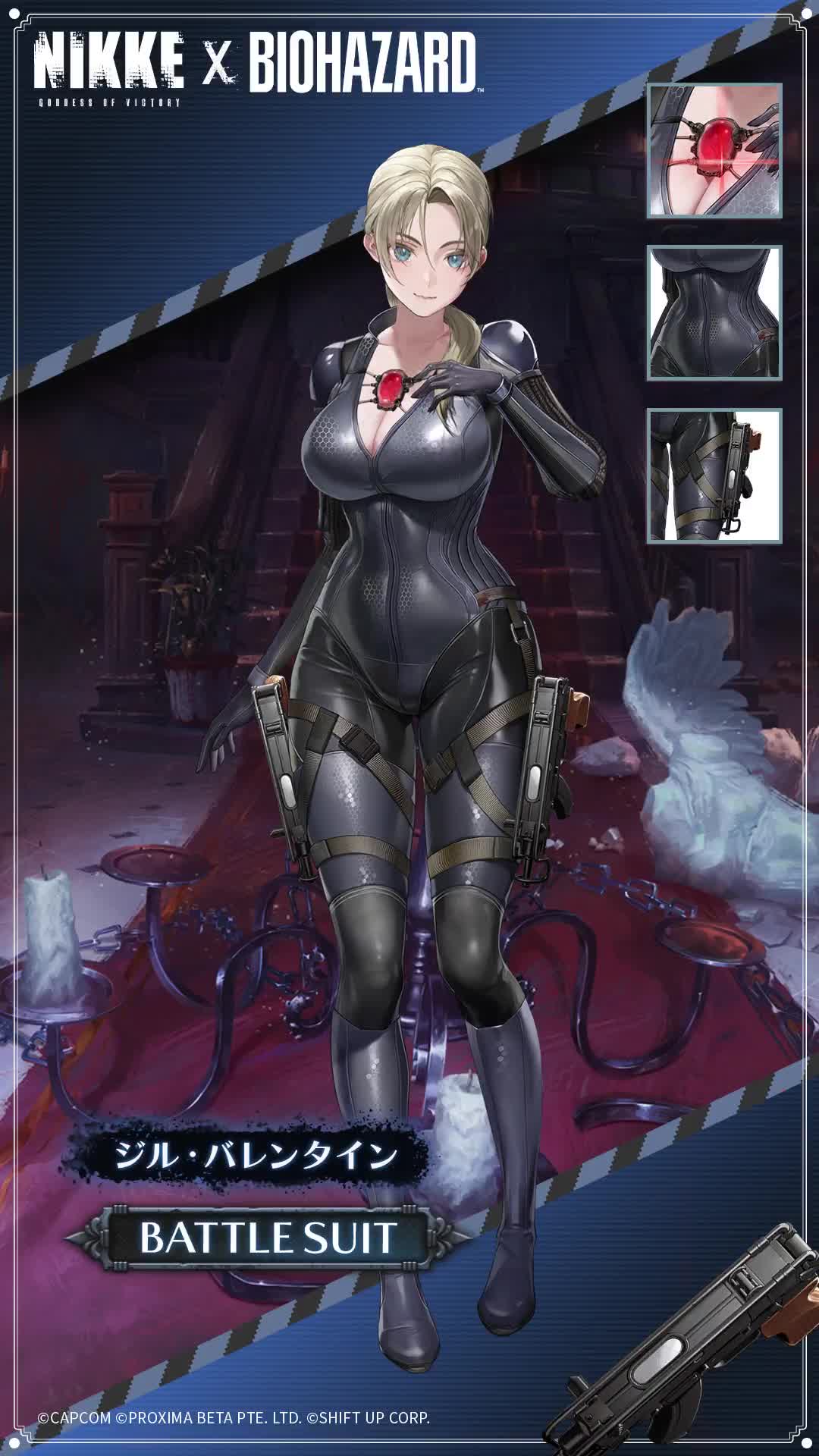 jill valentine, goddess of victory: nikke, resident evil, resident evil 5, animated, audible speech, highres, japanese audio, official art, sound, tagme, video, 1girl, alternate costume, black bodysuit, black boots, blonde hair, blue eyes, bodysuit, boots, bouncing breasts, breasts, chandelier, cleavage, collarbone, crossover, curvy, dual wielding, firing, gun, handgun, holding, holding gun, holding weapon, holster, jill valentine (battle suit) (nikke), large breasts, long hair, looking at viewer, red carpet, ryona, skorpion vz. 61, solo, stairs, standing, submachine gun, thick thighs, thigh holster, thighs, weapon, wide hips