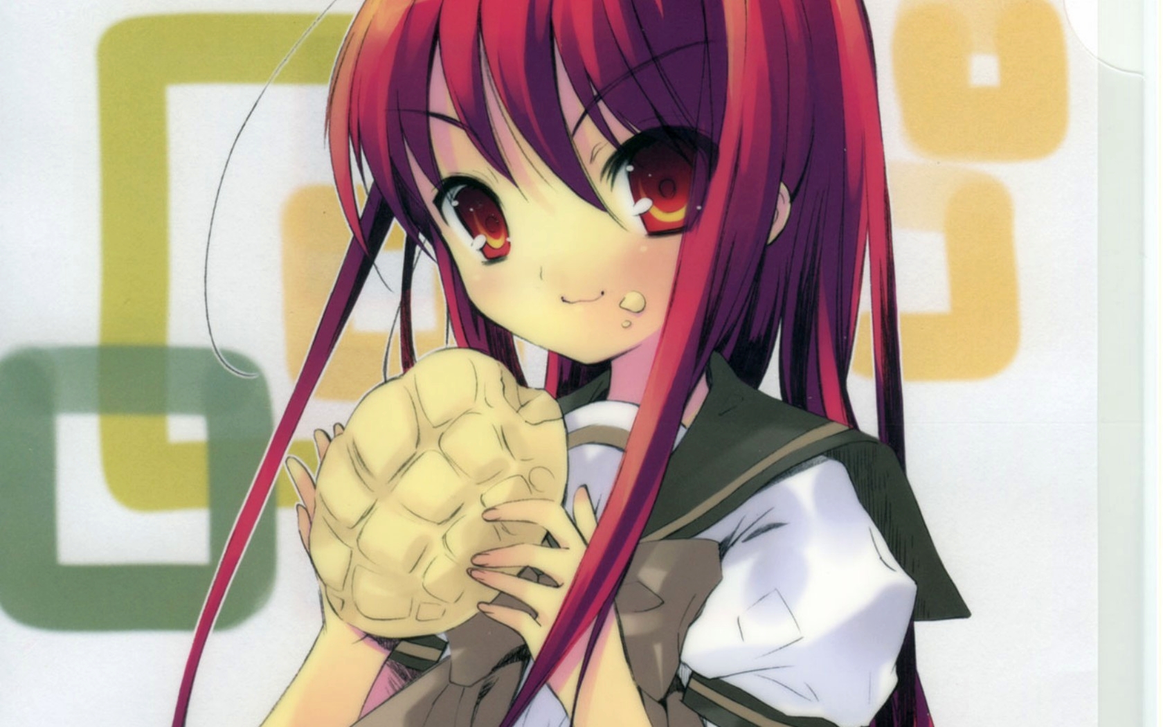 ito noizi, shana, shakugan no shana, highres, non-web source, 00s, 1girl, bread, female focus, food, long hair, melon bread, red eyes, red hair, school uniform, serafuku, solo
