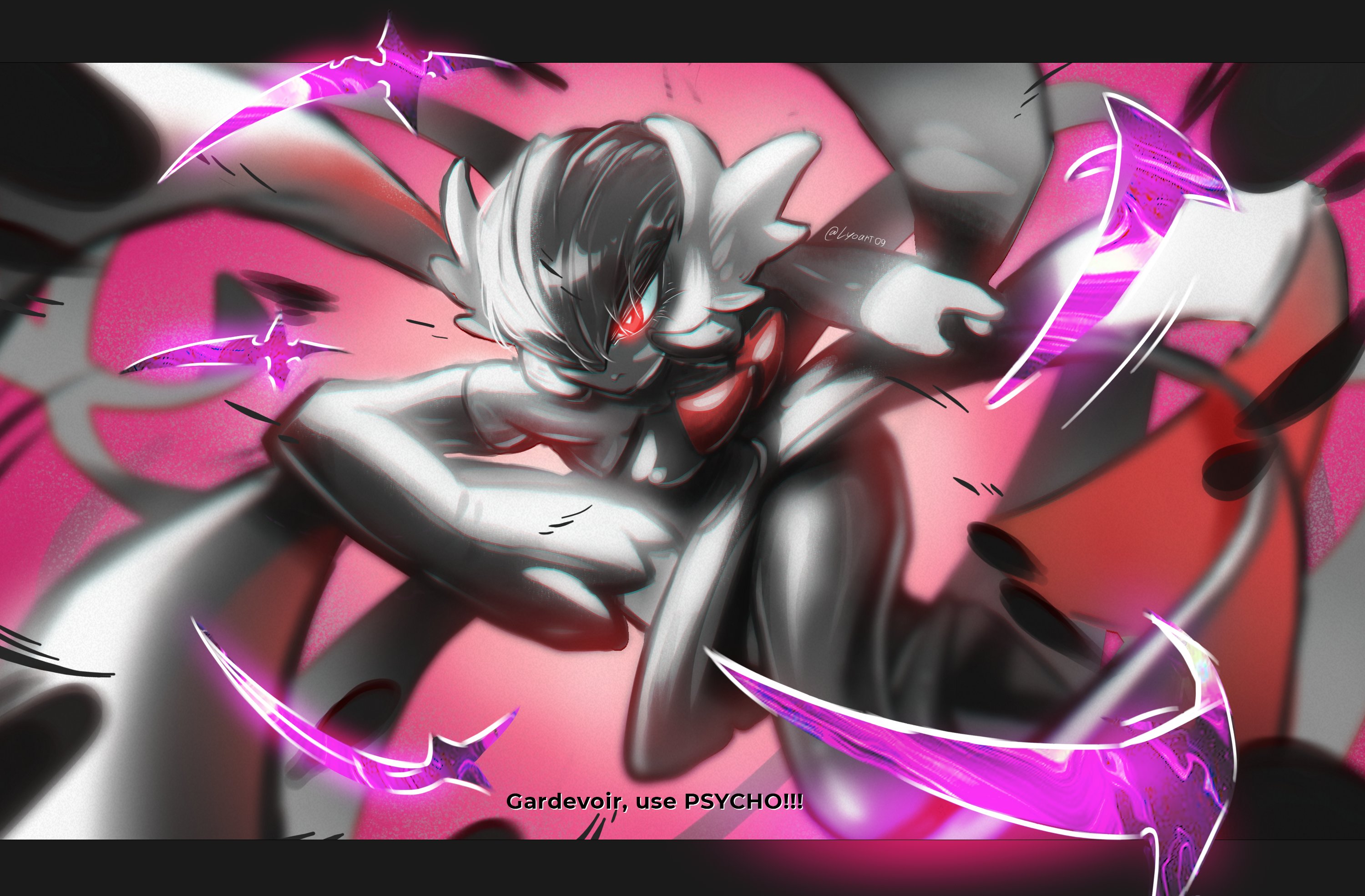 lyoart09, gardevoir, mega gardevoir, nintendo, pokemon, commentary, english commentary, highres, unfinished, 1girl, 2025, arms up, artist name, blurry, breasts, depth of field, dress, energy, english text, female focus, gameplay mechanics, gen 3 pokemon, glowing, glowing eyes, incoming attack, mega pokemon, midair, monochrome, outside border, pokemon (creature), red eyes, serious, short hair, solo focus, spot color, thick thighs, thighs