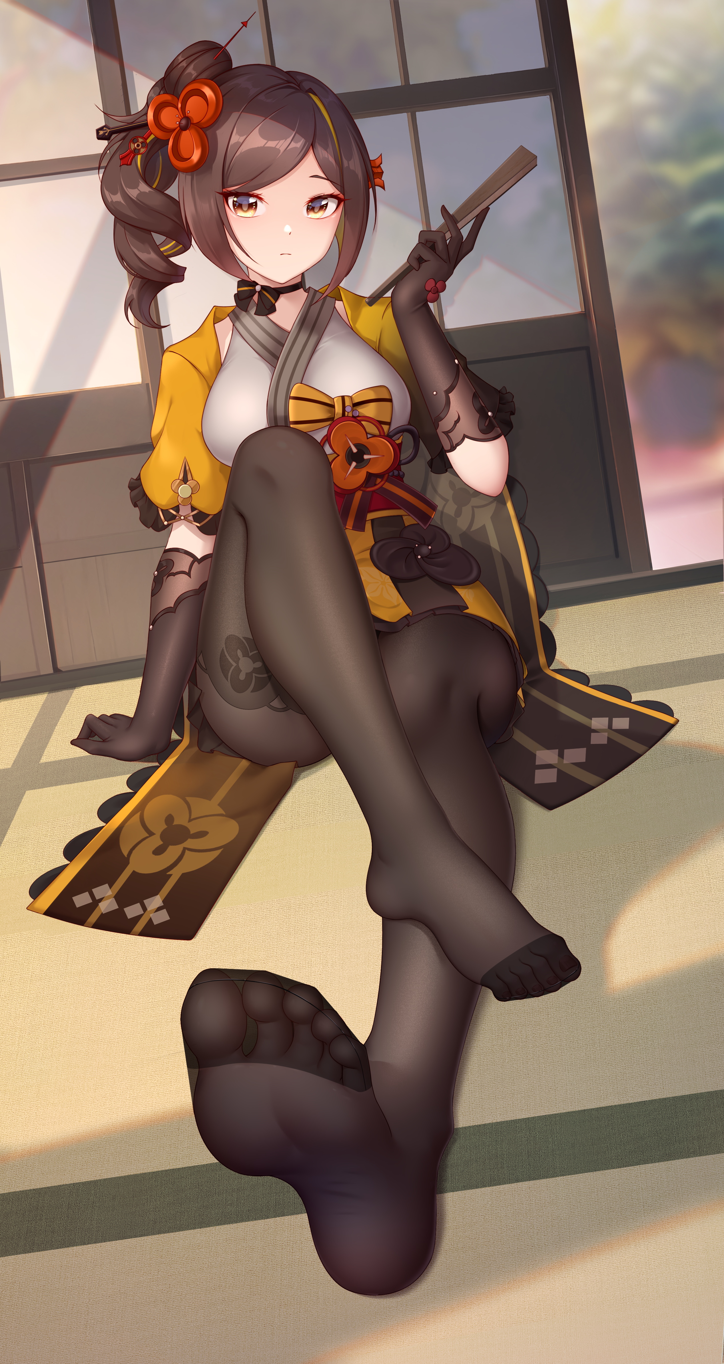 chiori (genshin impact), genshin impact, absurdres, highres, 1girl, barefoot, black gloves, black pantyhose, black sleeves, black thighhighs, blonde hair, breasts, brown eyes, brown hair, drill hair, drill ponytail, feet, gloves, grey kimono, hair ornament, hand fan, holding, holding fan, japanese clothes, kimono, legs, long hair, medium breasts, pantyhose, ponytail, solo, thighhighs, thighs, toes, user ywsy5742