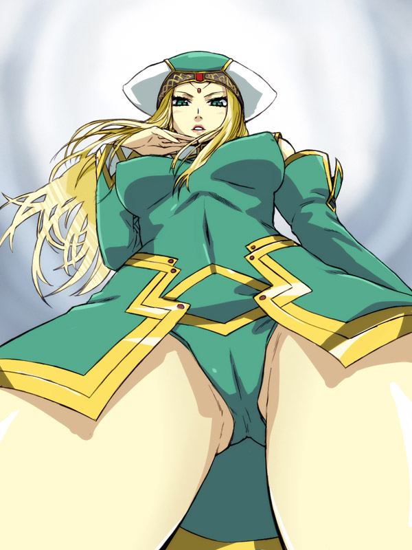 michael f91, freya (valkyrie profile), valkyrie profile (series), 1girl, blonde hair, breasts, breasts apart, cameltoe, female focus, from below, green eyes, large breasts, long hair, solo