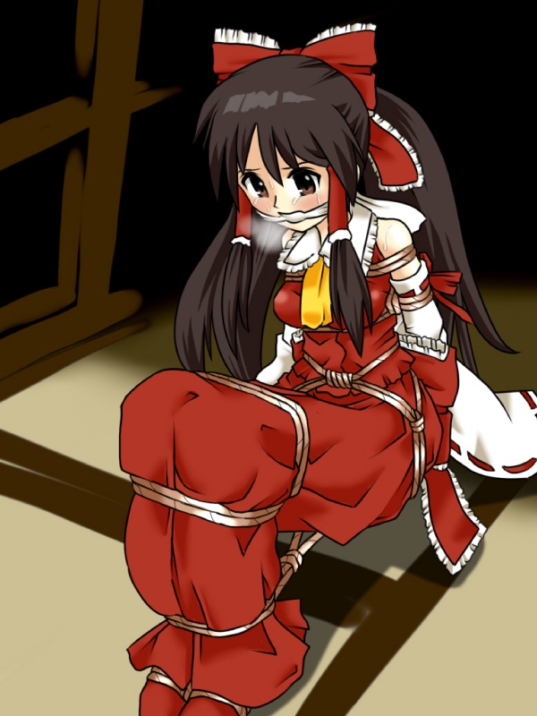 lilish, hakurei reimu, touhou, 1girl, bdsm, blush, bondage, bound, breast bondage, breasts, breath, cleave gag, cloth gag, female focus, gag, gagged, improvised gag, rope, small breasts, solo