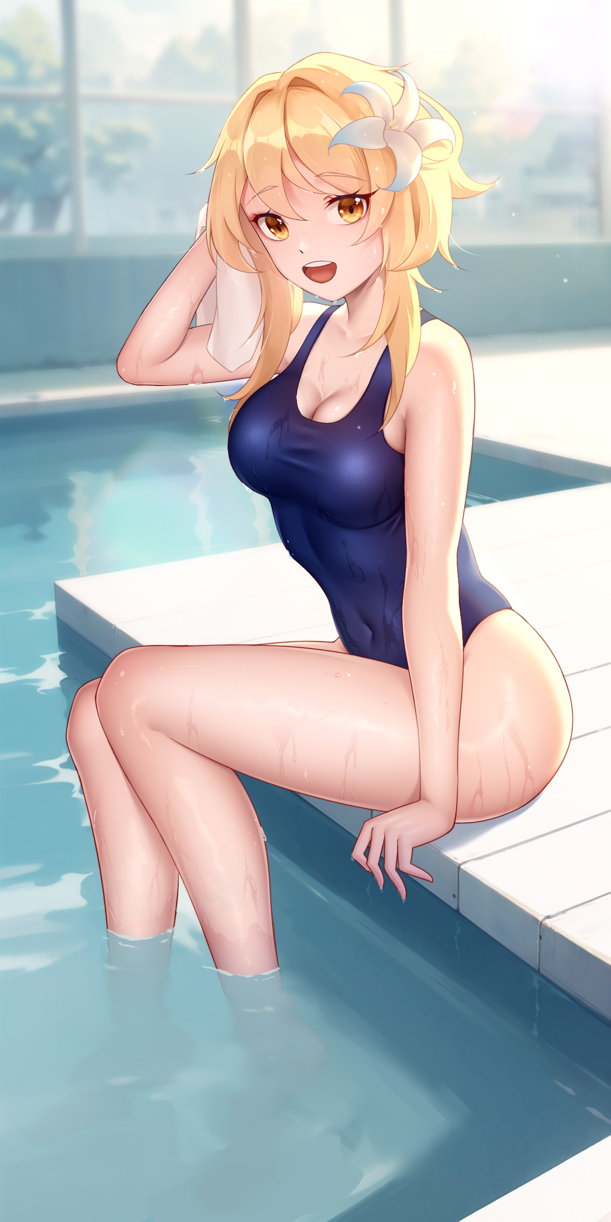 lumine (genshin impact), genshin impact, absurdres, highres, 1girl, blonde hair, breasts, competition swimsuit, flower, hair between eyes, hair flower, hair ornament, holding, holding towel, legs, long hair, medium breasts, one-piece swimsuit, open mouth, pool, school swimsuit, smile, soaking feet, solo, swimsuit, tongue, towel, user ywsy5742, water, yellow eyes