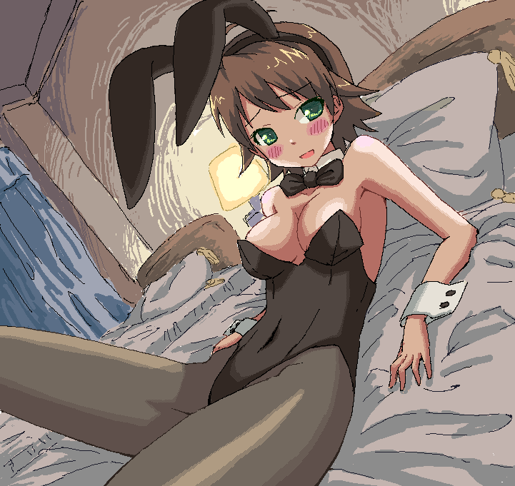 hakkaku shikimi, awakened miki, hoshii miki, idolmaster, idolmaster (classic), idolmaster 1, 00s, 1girl, 4bpp, animal ears, bed, blush, brown hair, covered navel, detached collar, dithering, dutch angle, fake animal ears, female focus, green eyes, lying, oekaki, on back, on bed, pantyhose, playboy bunny, rabbit ears, short hair, solo, wrist cuffs