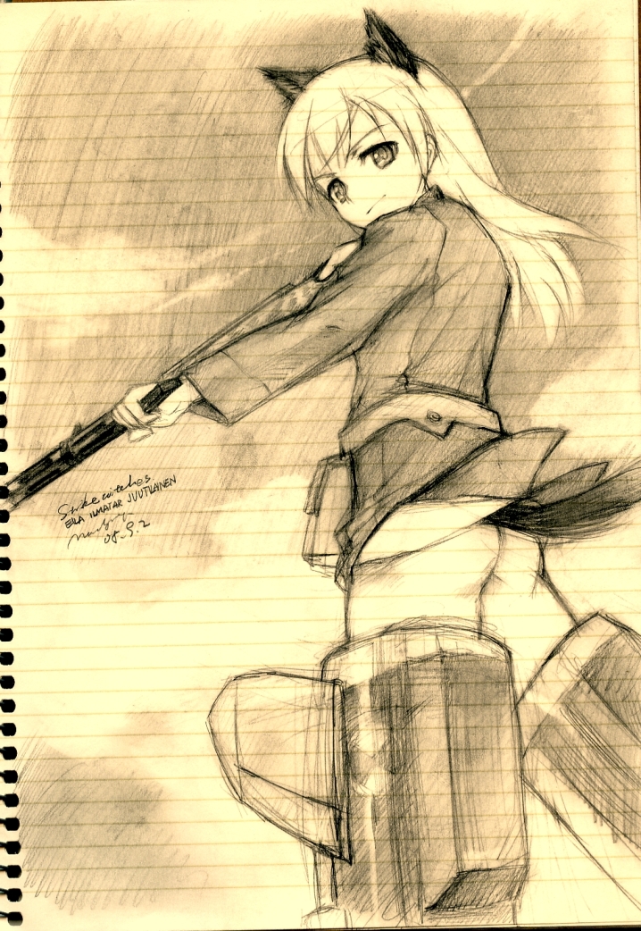 kisetsu, eila ilmatar juutilainen, strike witches, world witches series, bad id, bad pixiv id, traditional media, 00s, 1girl, animal ears, ass, female focus, monochrome, pantyhose, sketch, solo, yellow theme