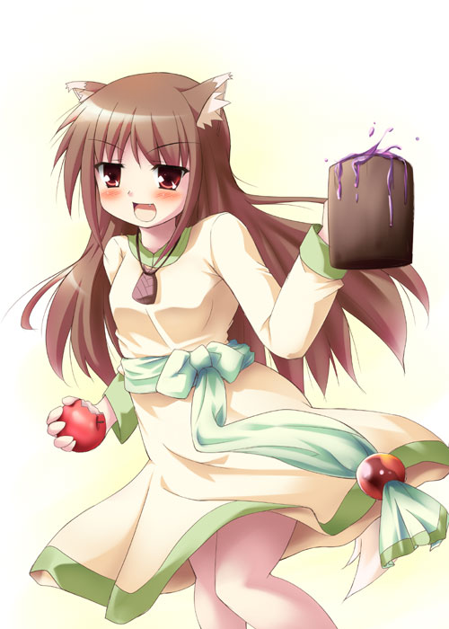 tekehiro, holo, spice and wolf, 00s, 1girl, animal ears, apple, brown hair, drink, fang, female focus, food, fruit, holding, holding food, holding fruit, long hair, red eyes, solo, tail, wolf ears, wolf tail